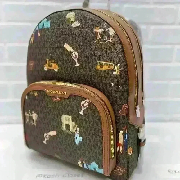 MICHAEL KORS BACKPACK JAYCEE LARGE ZIP JET SET GIRLS PRINT BROWN MULTI - Picture 4 of 11